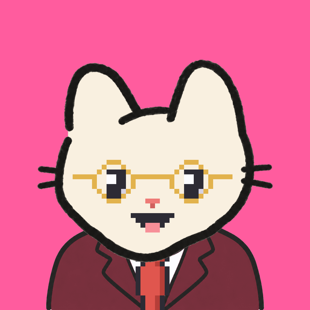 Employee #0769 — a cream cat, in a burgundy suit, with a red tie, wearing round-gold glasses, on hot pink