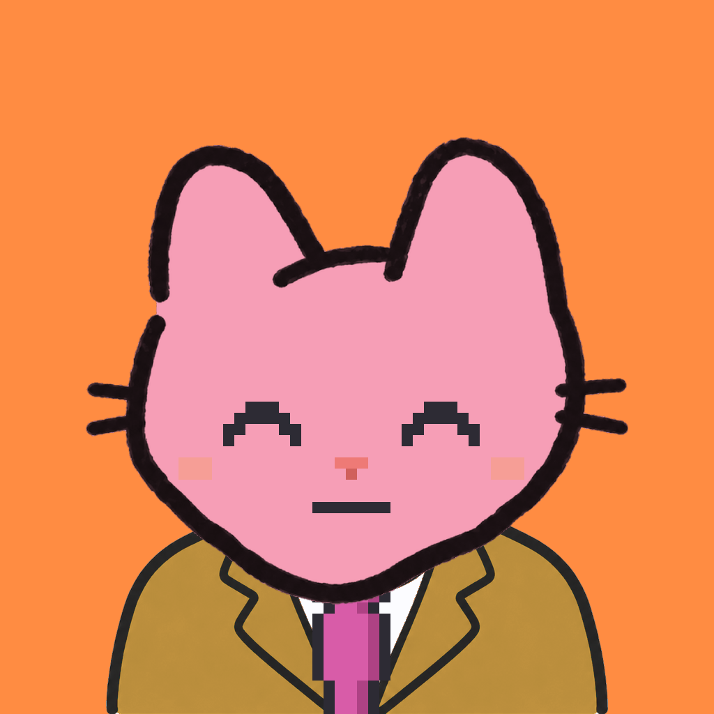 Employee #0077 — a pink cat, in a mustard suit, with a magenta tie, on tangerine