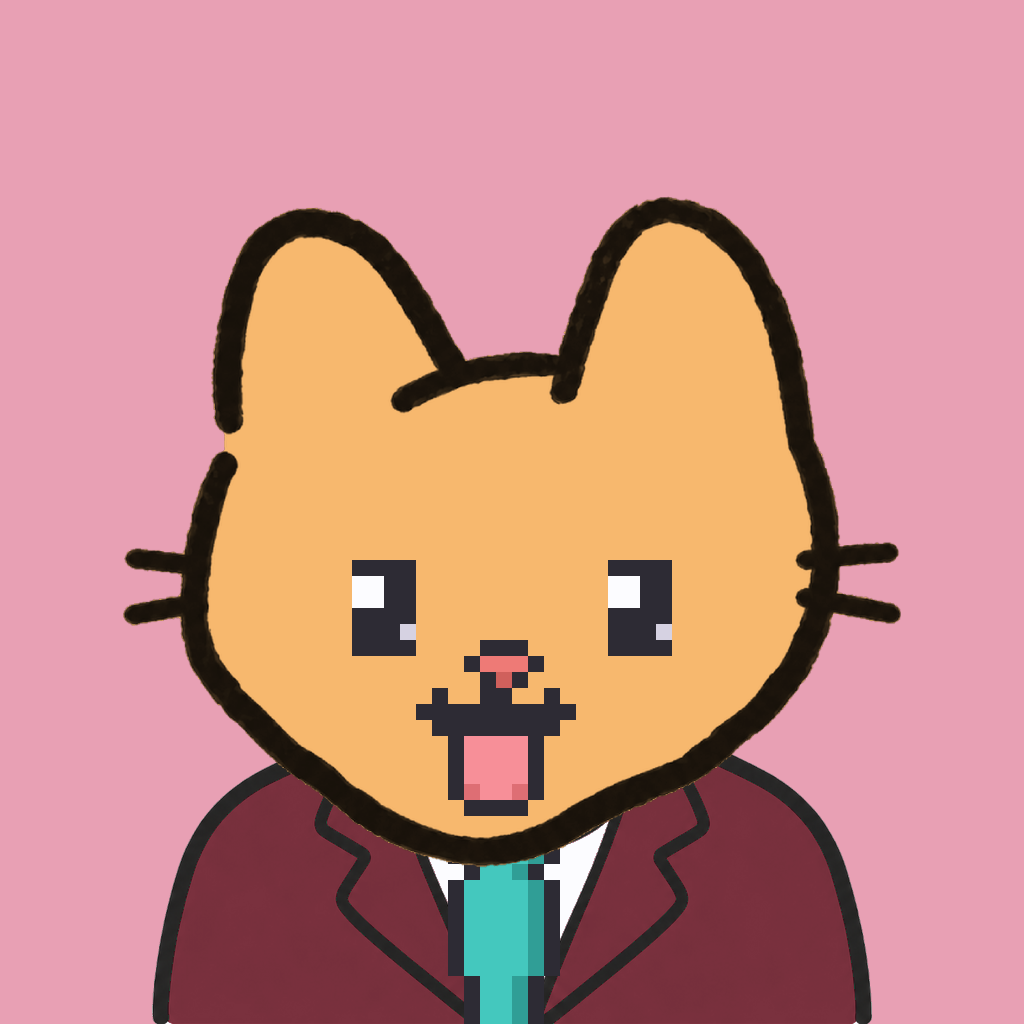 Employee #0770 — a tabby cat, in a burgundy suit, with a teal tie, on rose