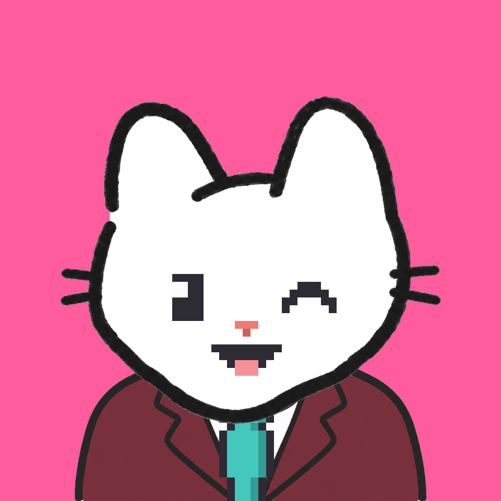 Employee #0771 — a white cat, in a burgundy suit, with a teal tie, on hot pink