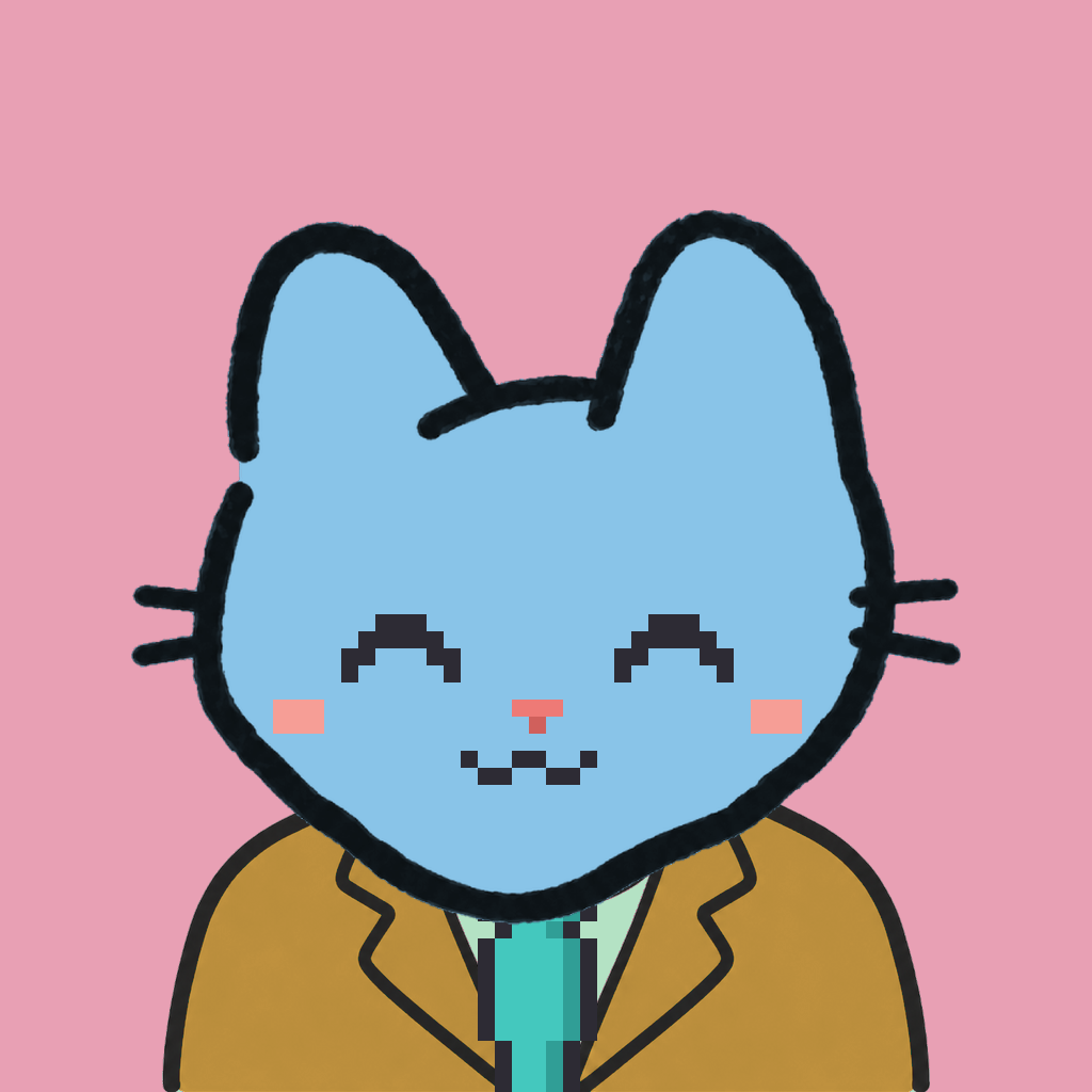 Employee #0772 — a sky cat, in a mustard suit, with a teal tie, on rose