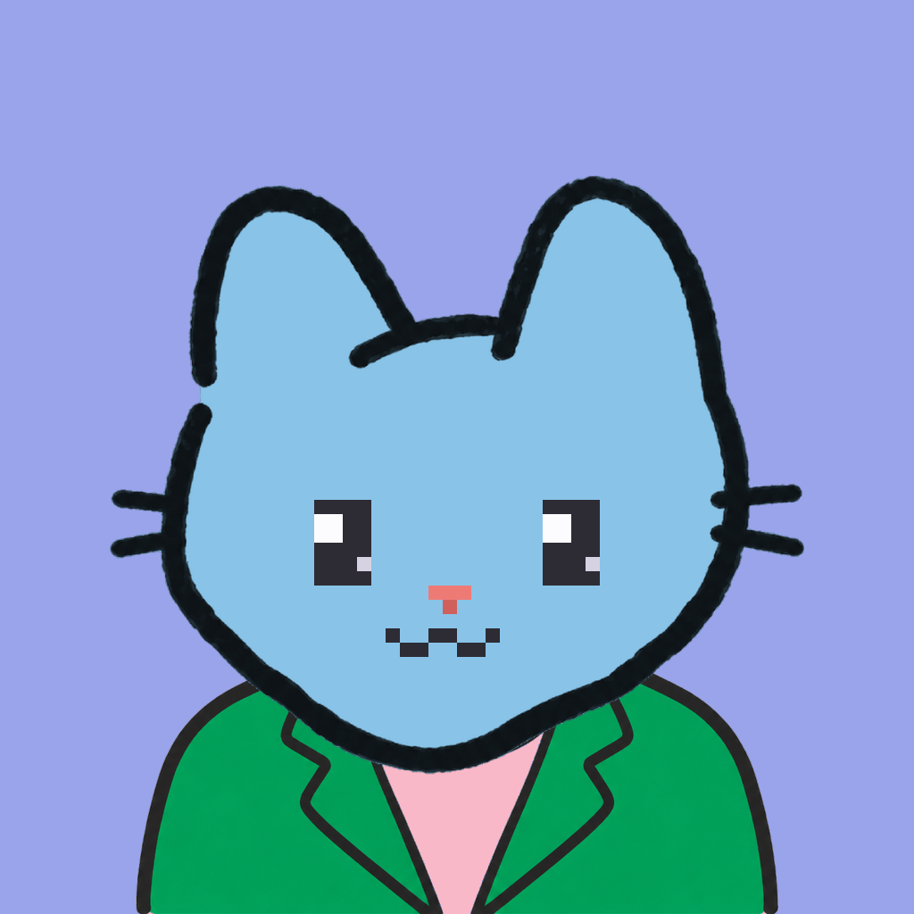 Employee #0773 — a sky cat, in a green suit, on periwinkle