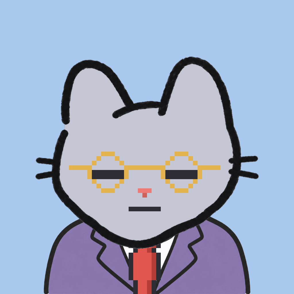 Employee #0774 — a gray cat, in a lavender suit, with a red tie, wearing round-gold glasses, on sky