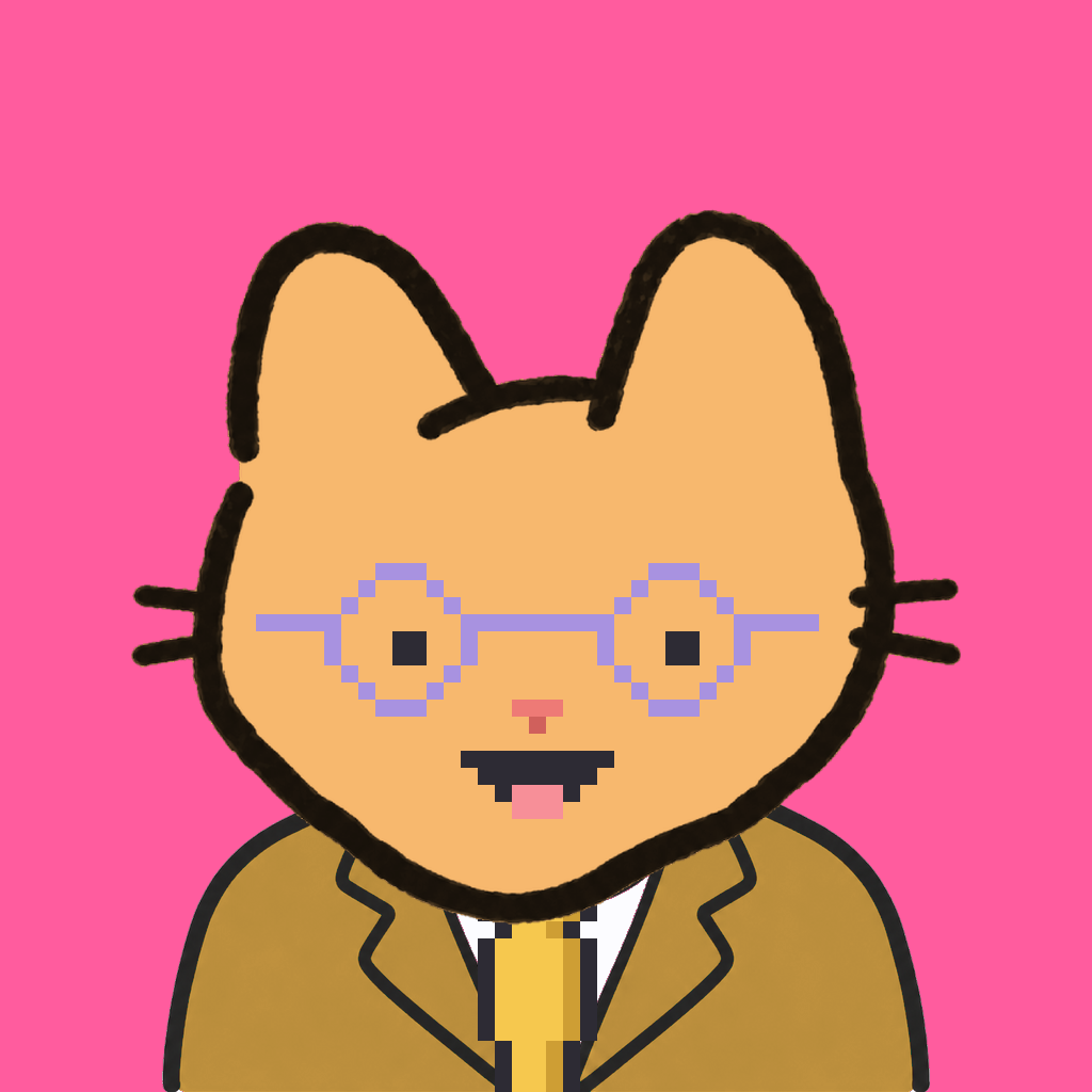Employee #0775 — a tabby cat, in a mustard suit, with a gold tie, wearing round-lavender glasses, on hot pink