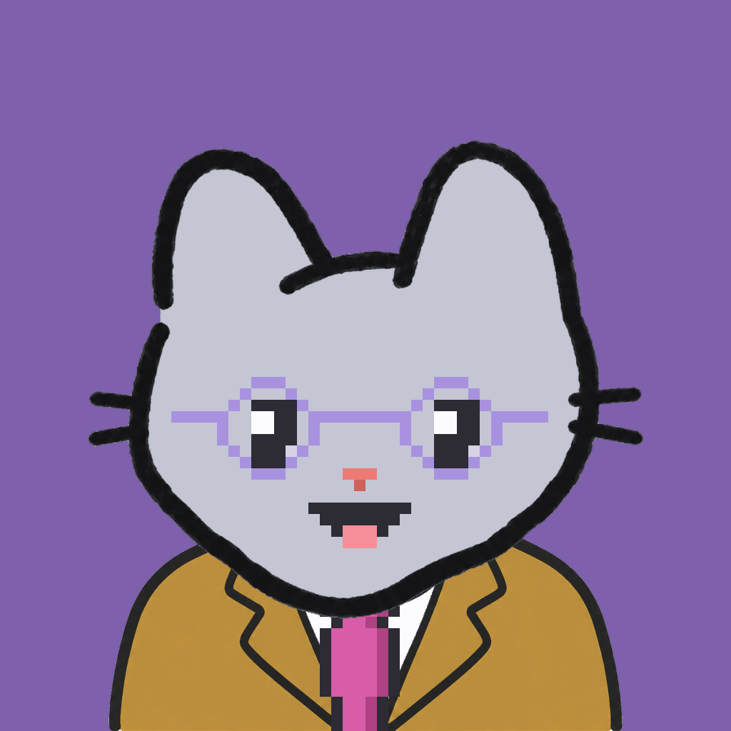 Employee #0776 — a gray cat, in a mustard suit, with a magenta tie, wearing round-lavender glasses, on plasma violet
