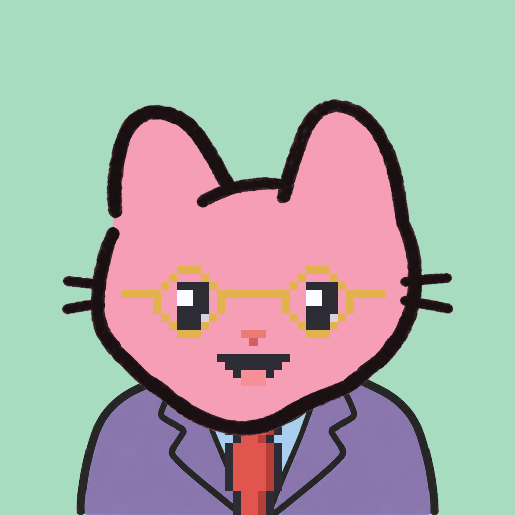 Employee #0777 — a pink cat, in a lavender suit, with a red tie, wearing round-gold glasses, on mint