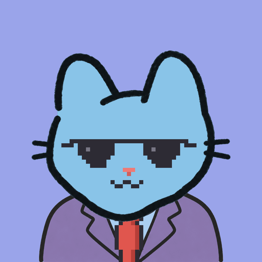 Employee #0778 — a sky cat, in a lavender suit, with a red tie, wearing shades glasses, on periwinkle
