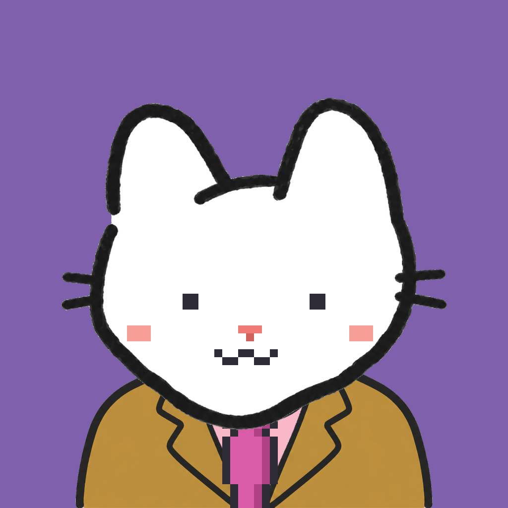 Employee #0779 — a white cat, in a mustard suit, with a magenta tie, on plasma violet