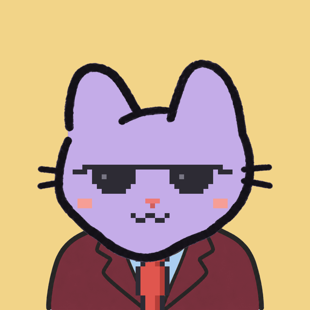 Employee #0078 — a lavender cat, in a burgundy suit, with a red tie, wearing shades glasses, on butter