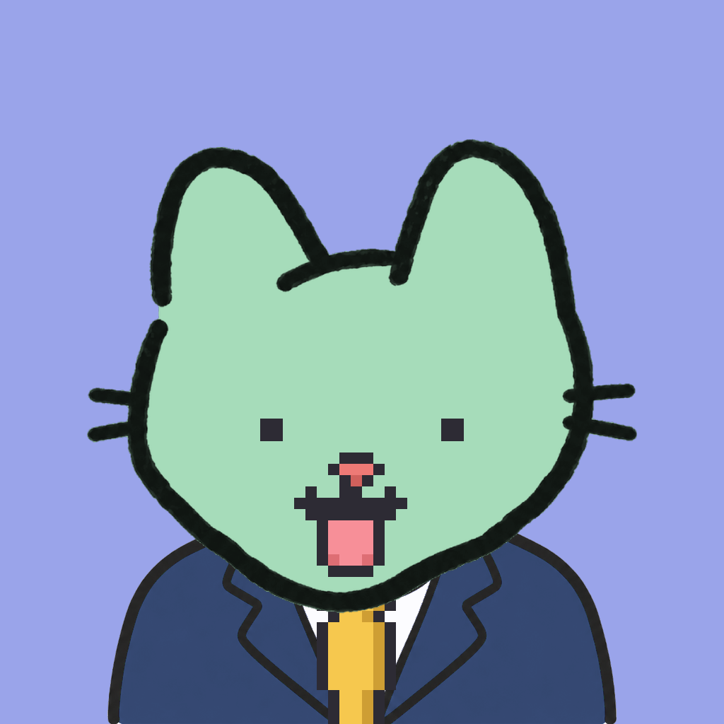 Employee #0780 — a mint cat, in a navy suit, with a gold tie, on periwinkle