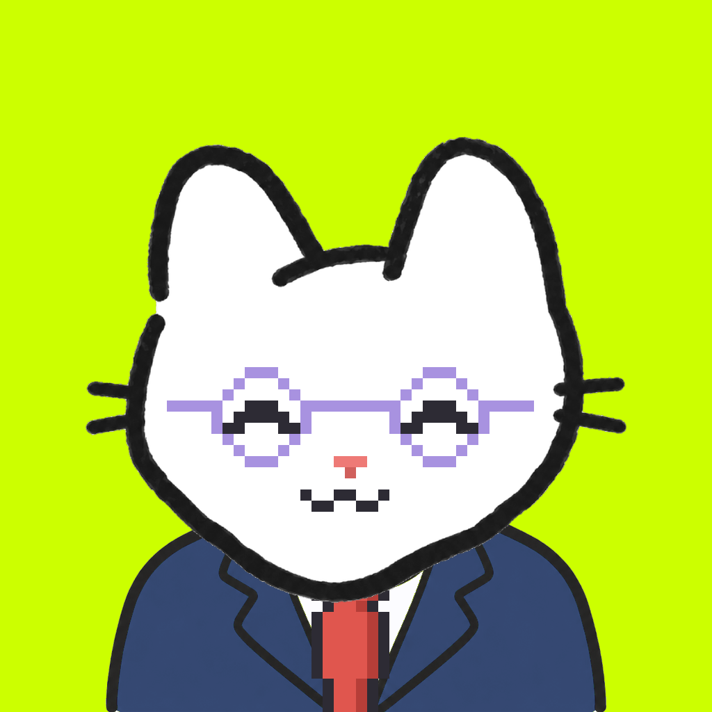 Employee #0781 — a white cat, in a navy suit, with a red tie, wearing round-lavender glasses, on volt
