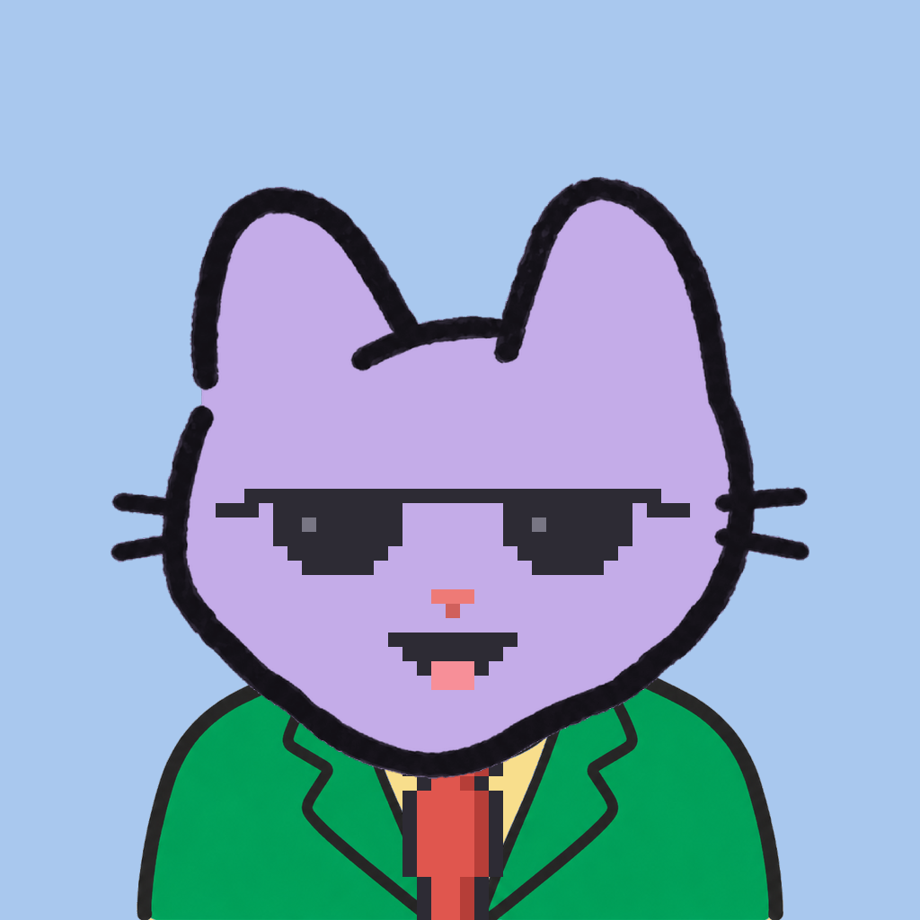 Employee #0782 — a lavender cat, in a green suit, with a red tie, wearing shades glasses, on sky