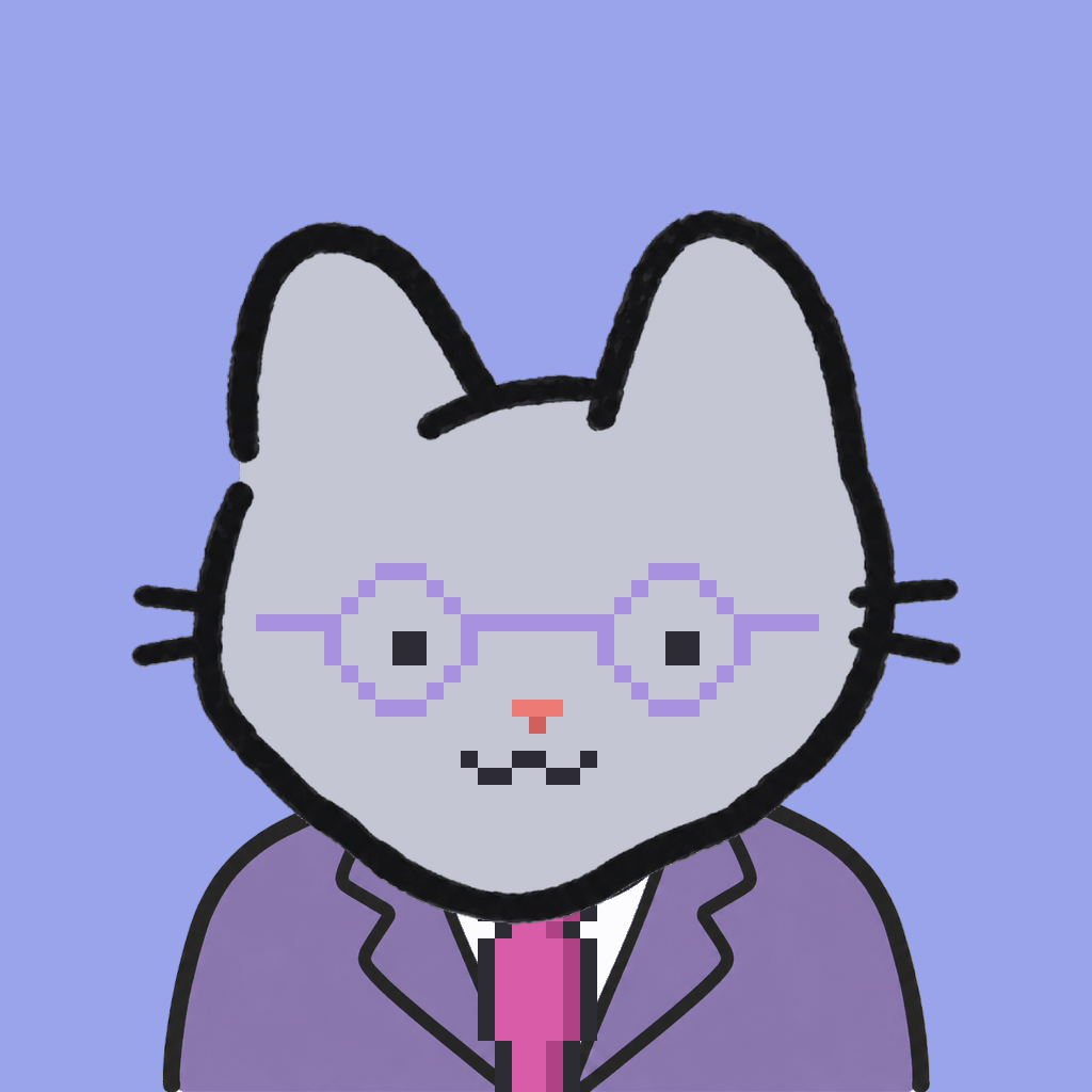 Employee #0783 — a gray cat, in a lavender suit, with a magenta tie, wearing round-lavender glasses, on periwinkle