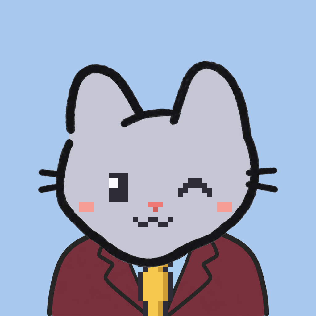 Employee #0784 — a gray cat, in a burgundy suit, with a gold tie, on sky