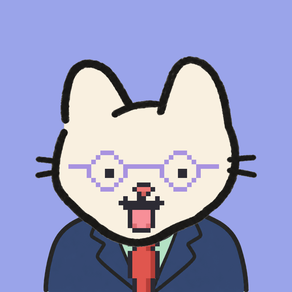 Employee #0786 — a cream cat, in a navy suit, with a red tie, wearing round-lavender glasses, on periwinkle