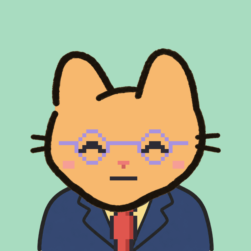 Employee #0787 — a tabby cat, in a navy suit, with a red tie, wearing round-lavender glasses, on mint