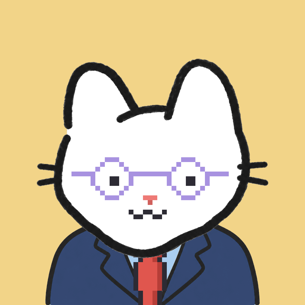 Employee #0788 — a white cat, in a navy suit, with a red tie, wearing round-lavender glasses, on butter