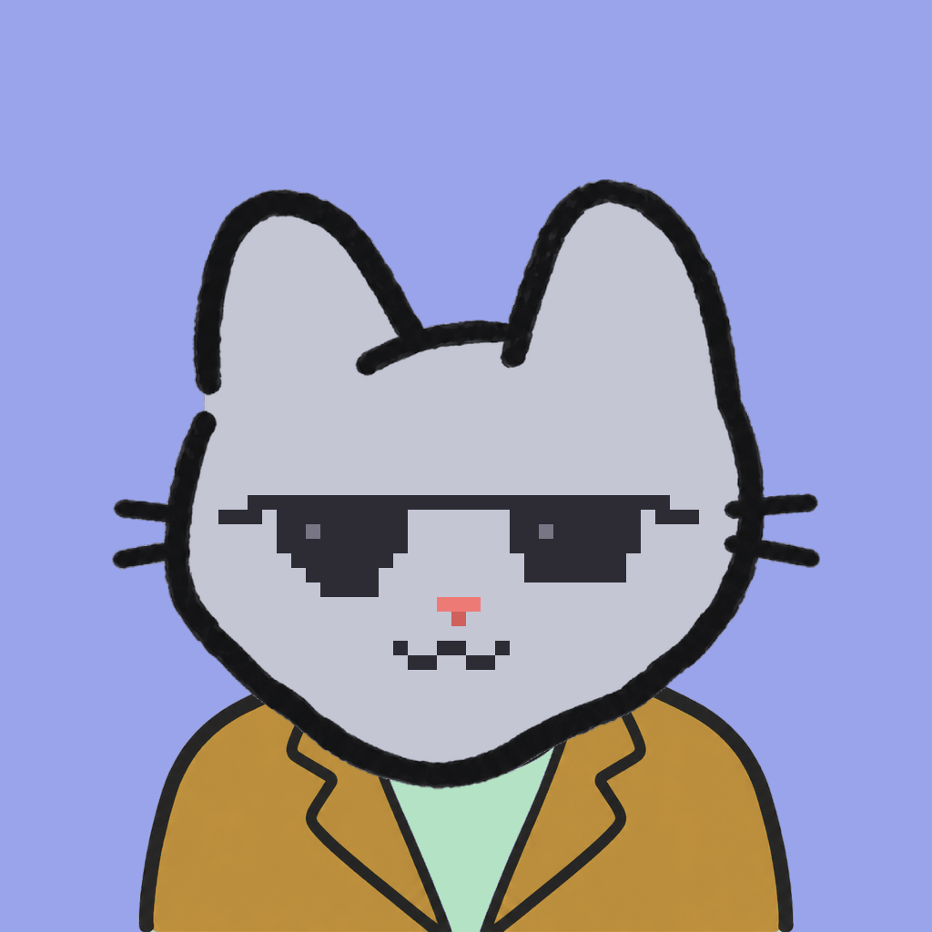 Employee #0789 — a gray cat, in a mustard suit, wearing shades glasses, on periwinkle