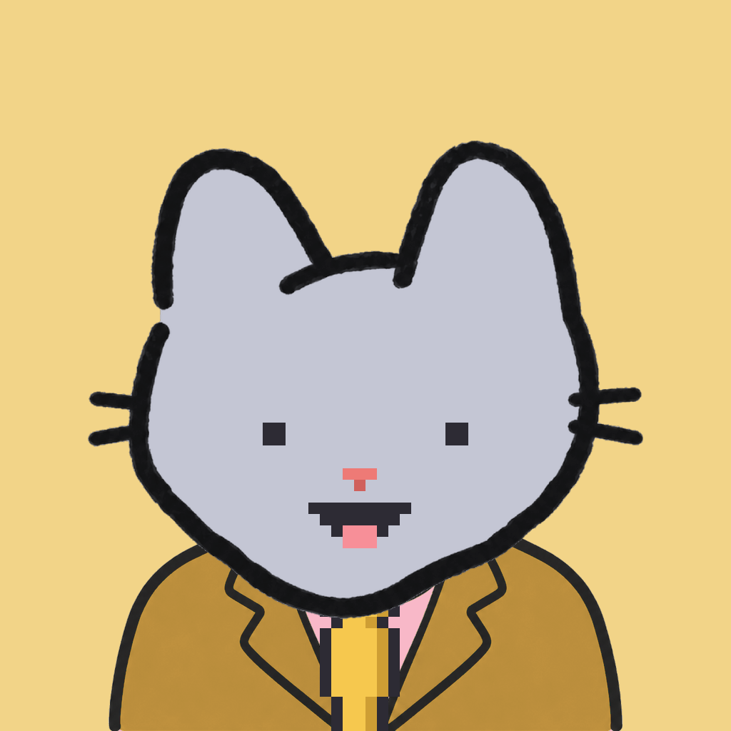 Employee #0079 — a gray cat, in a mustard suit, with a gold tie, on butter