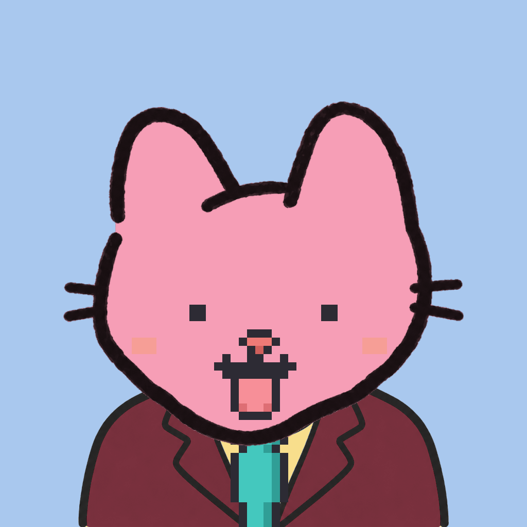 Employee #0790 — a pink cat, in a burgundy suit, with a teal tie, on sky