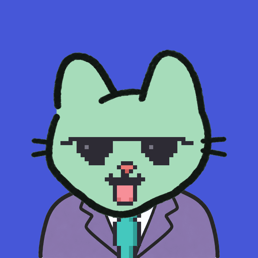 Employee #0791 — a mint cat, in a lavender suit, with a teal tie, wearing shades glasses, on royal
