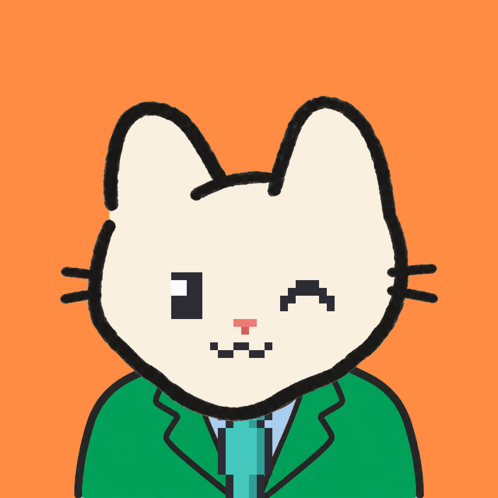 Employee #0792 — a cream cat, in a green suit, with a teal tie, on tangerine