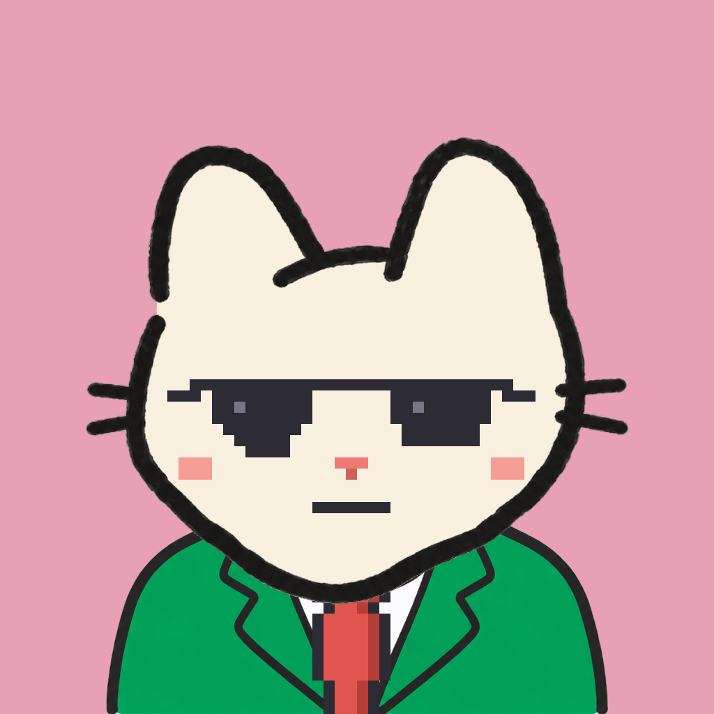 Employee #0793 — a cream cat, in a green suit, with a red tie, wearing shades glasses, on rose