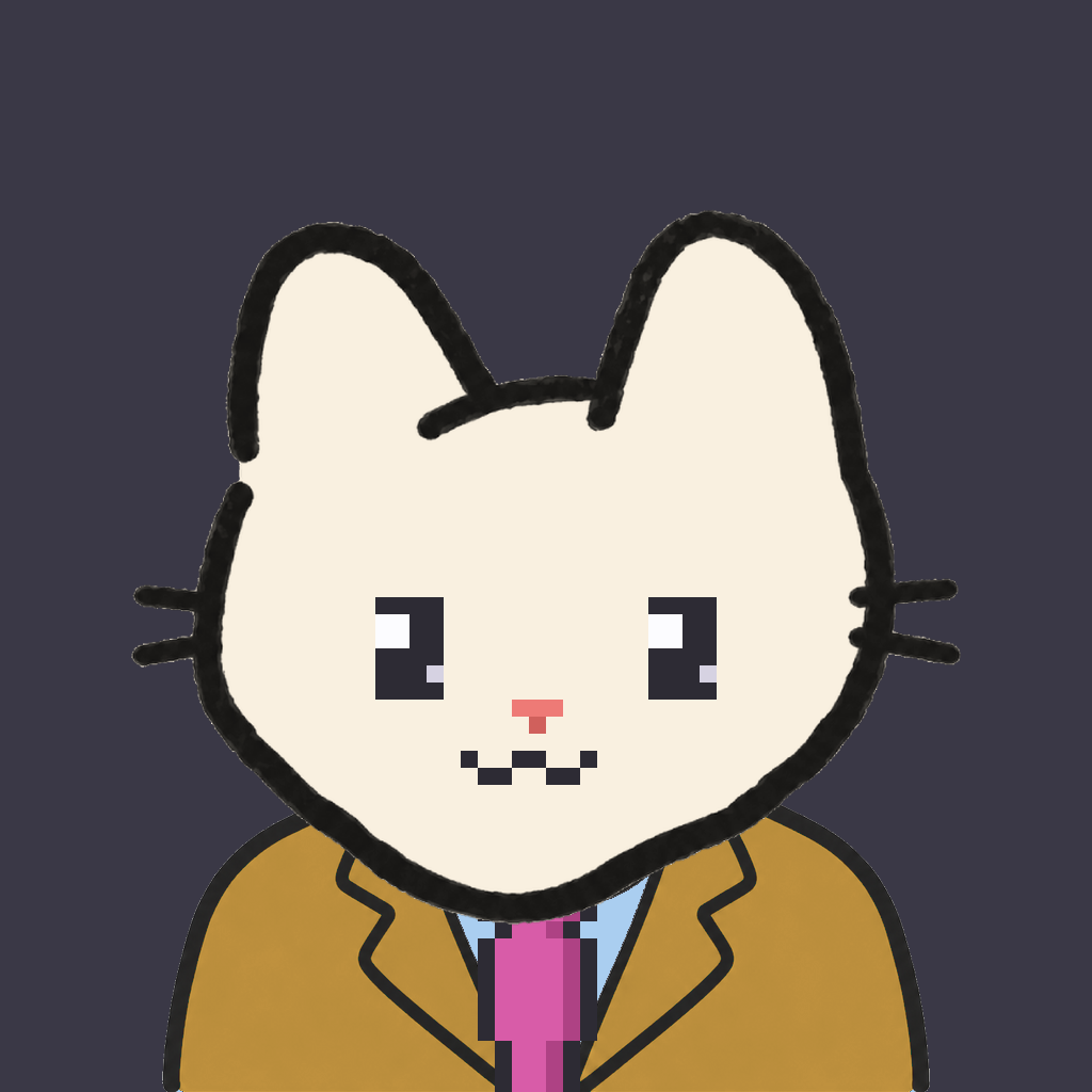 Employee #0794 — a cream cat, in a mustard suit, with a magenta tie, on charcoal