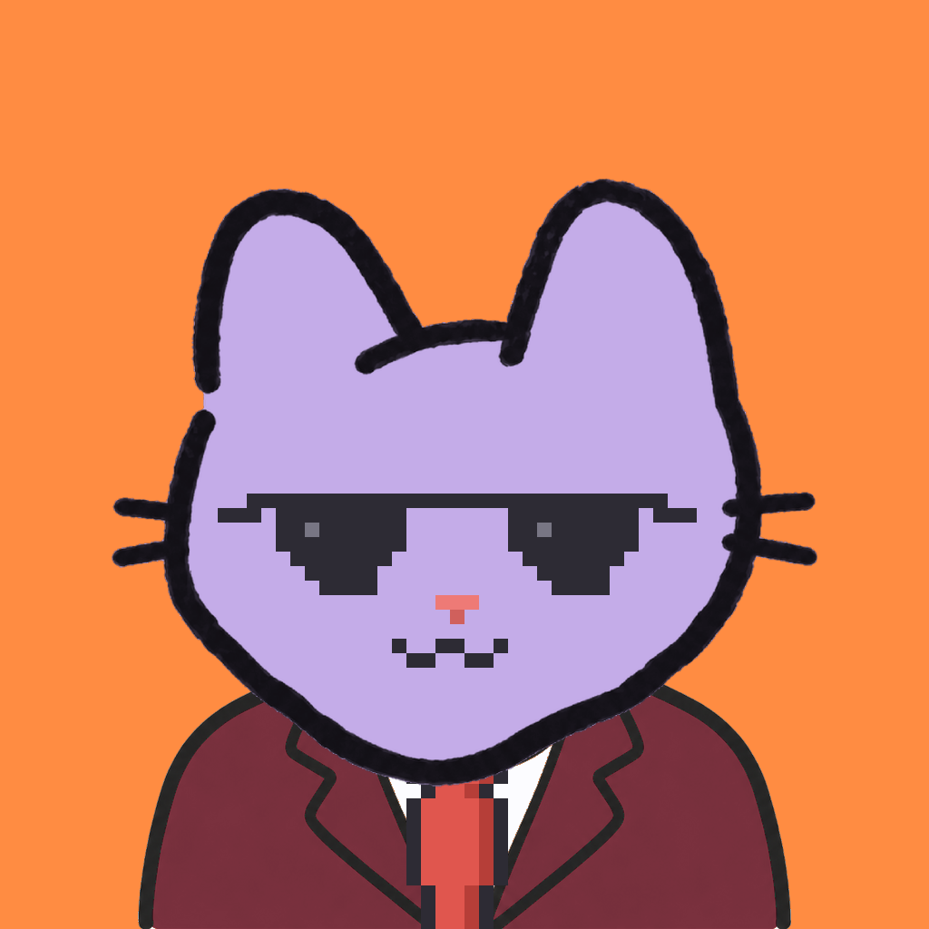 Employee #0795 — a lavender cat, in a burgundy suit, with a red tie, wearing shades glasses, on tangerine