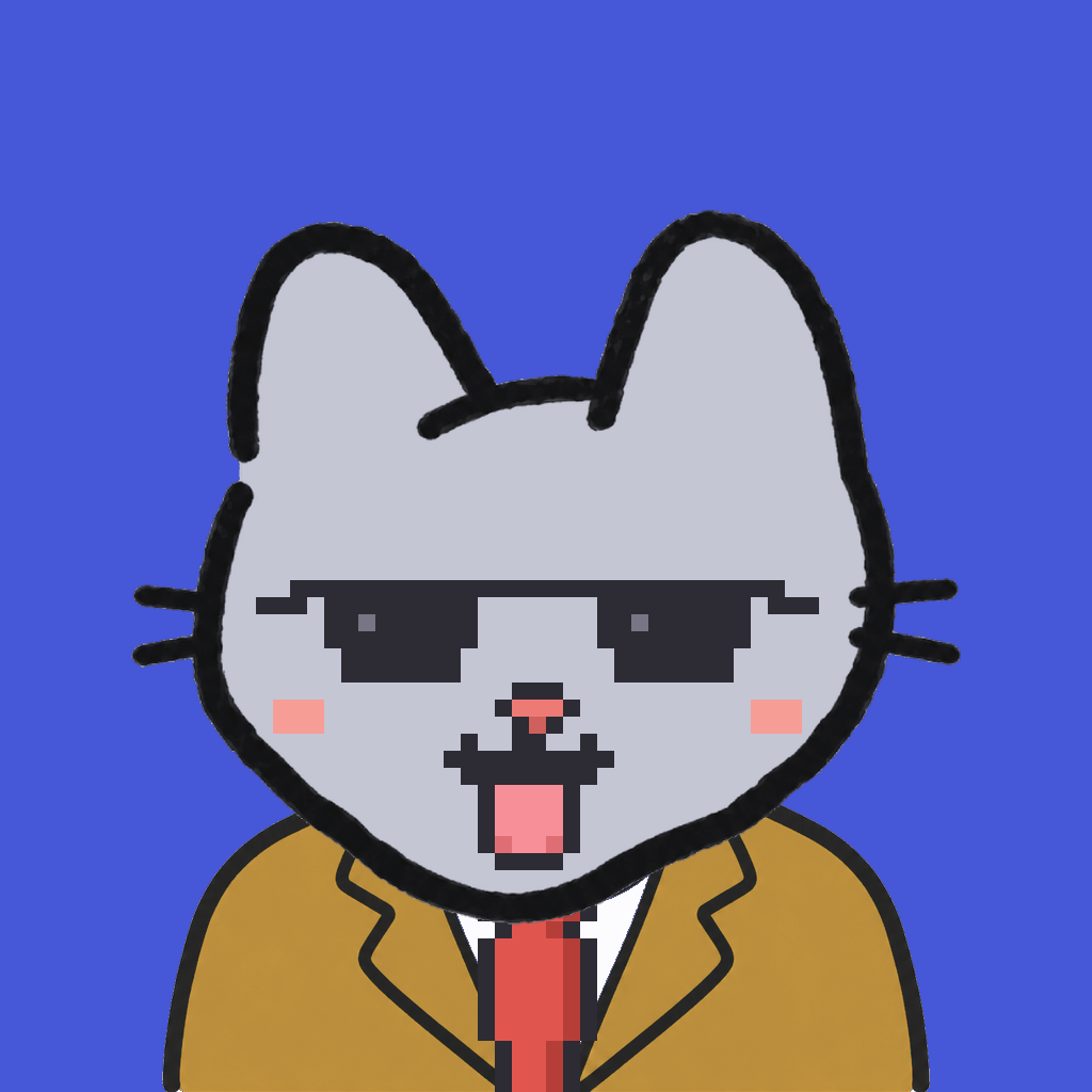 Employee #0796 — a gray cat, in a mustard suit, with a red tie, wearing shades glasses, on royal