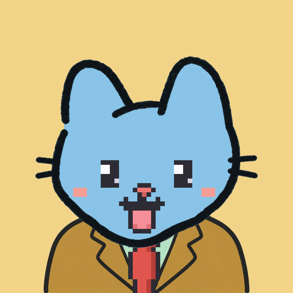 Employee #0797 — a sky cat, in a mustard suit, with a red tie, on butter