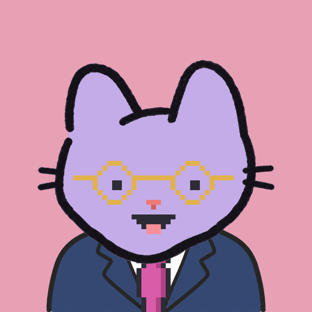 Employee #0798 — a lavender cat, in a navy suit, with a magenta tie, wearing round-gold glasses, on rose