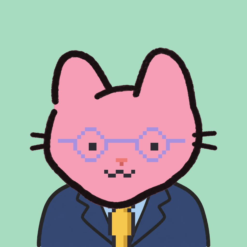 Employee #0799 — a pink cat, in a navy suit, with a gold tie, wearing round-lavender glasses, on mint