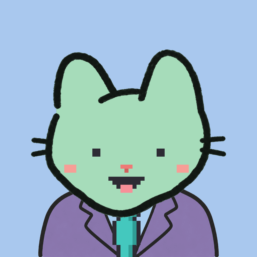 Employee #0008 — a mint cat, in a lavender suit, with a teal tie, on sky