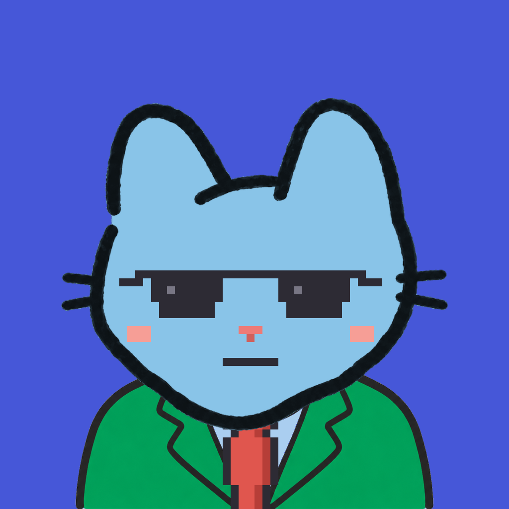 Employee #0080 — a sky cat, in a green suit, with a red tie, wearing shades glasses, on royal