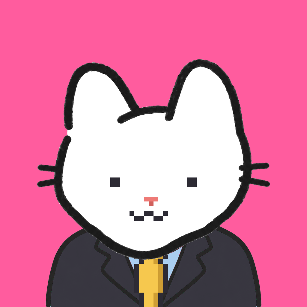 Employee #0800 — a white cat, in a black suit, with a gold tie, on hot pink