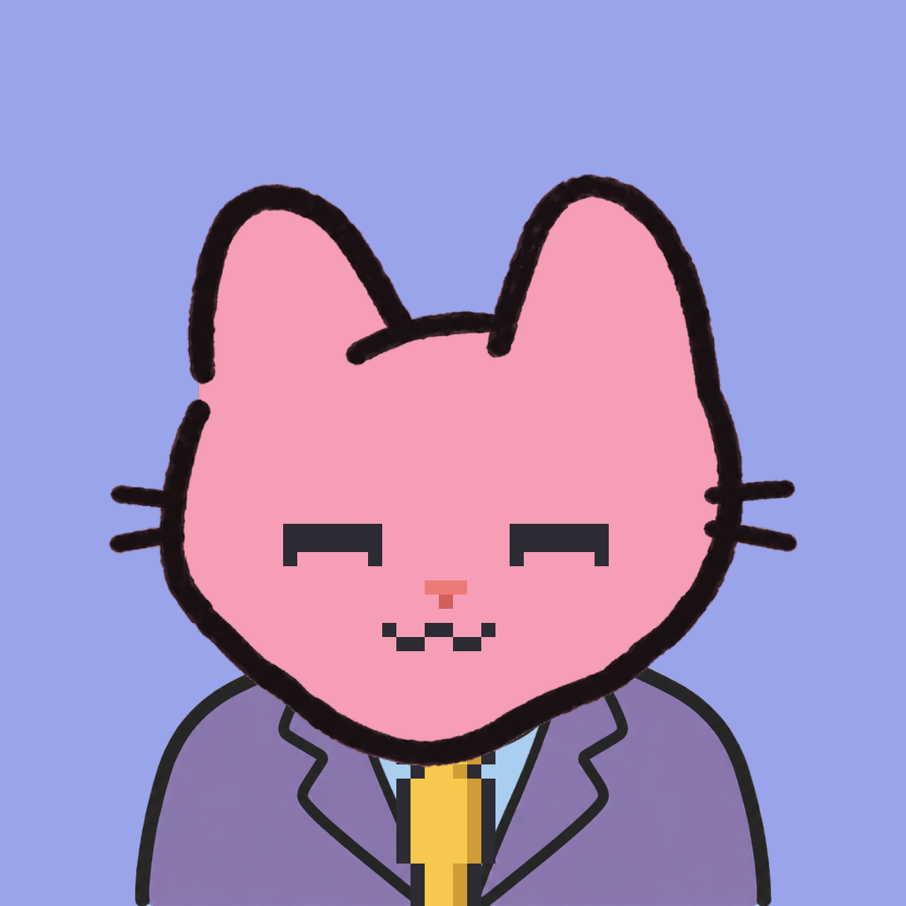 Employee #0801 — a pink cat, in a lavender suit, with a gold tie, on periwinkle