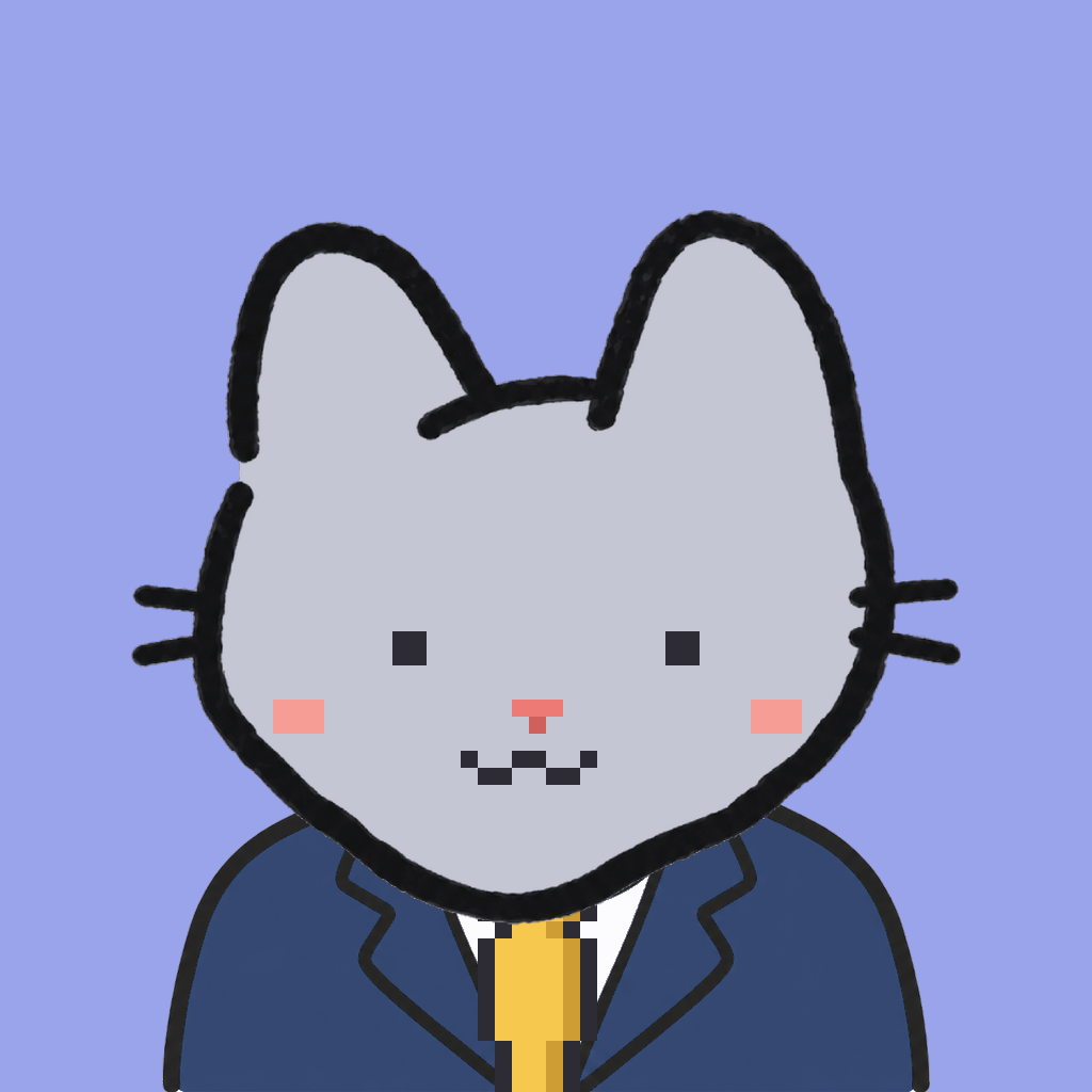 Employee #0802 — a gray cat, in a navy suit, with a gold tie, on periwinkle