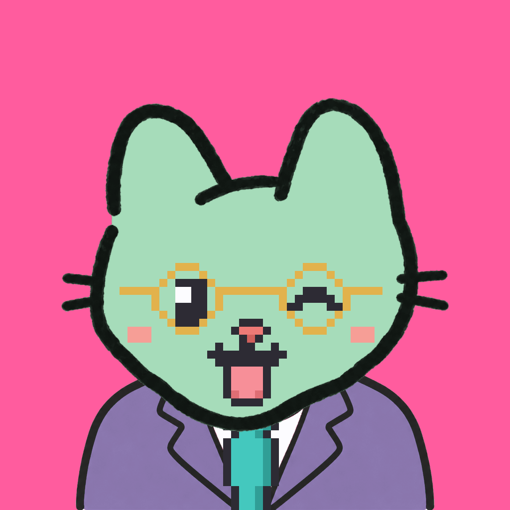 Employee #0803 — a mint cat, in a lavender suit, with a teal tie, wearing round-gold glasses, on hot pink