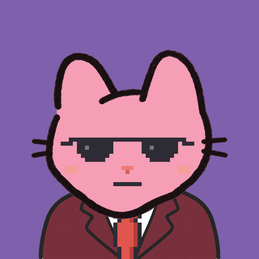 Employee #0804 — a pink cat, in a burgundy suit, with a red tie, wearing shades glasses, on plasma violet