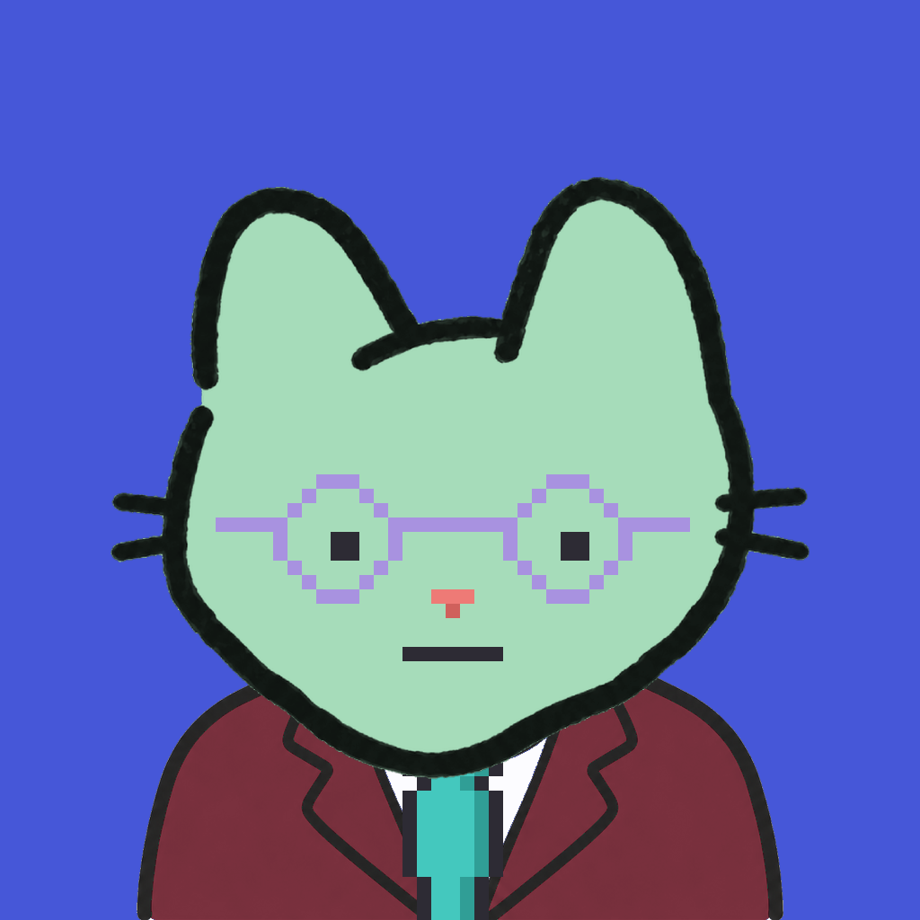 Employee #0805 — a mint cat, in a burgundy suit, with a teal tie, wearing round-lavender glasses, on royal