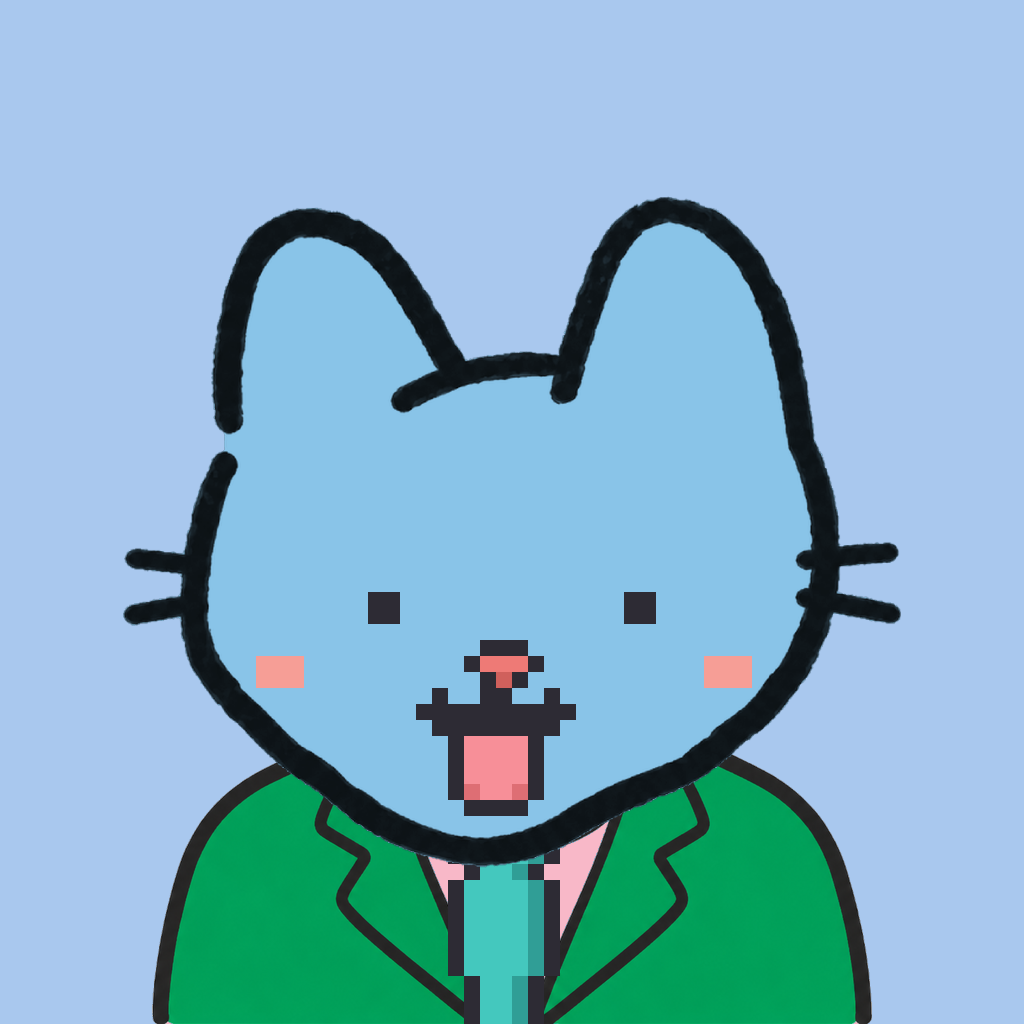 Employee #0806 — a sky cat, in a green suit, with a teal tie, on sky