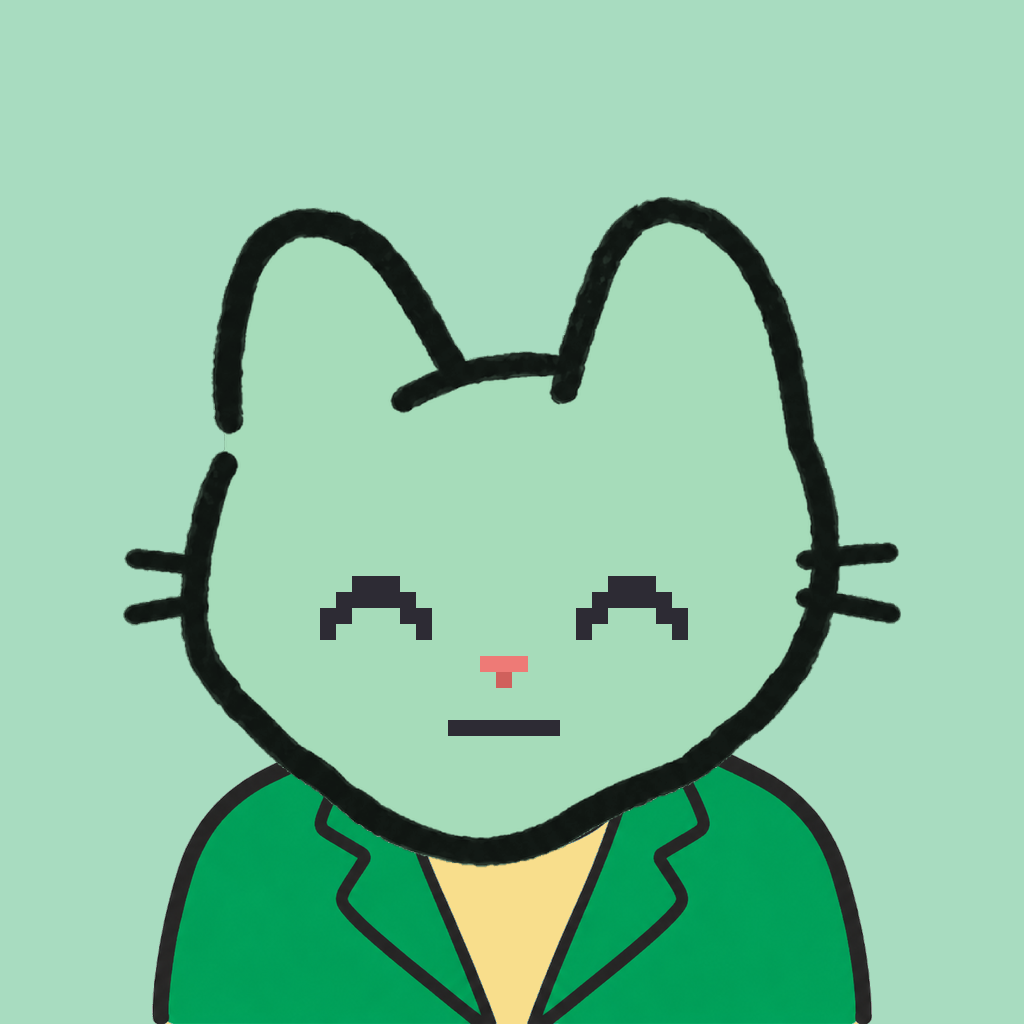 Employee #0807 — a mint cat, in a green suit, on mint