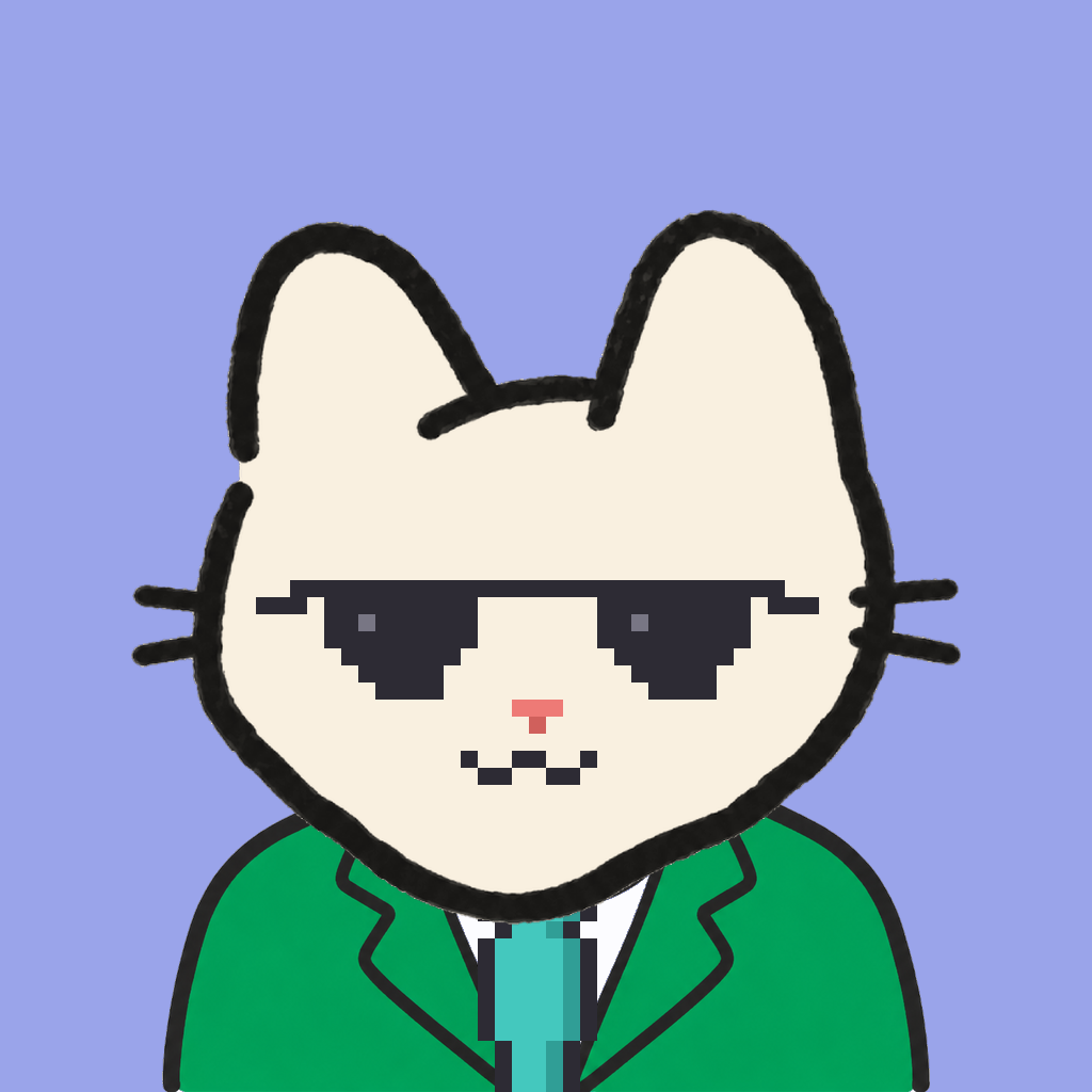 Employee #0808 — a cream cat, in a green suit, with a teal tie, wearing shades glasses, on periwinkle