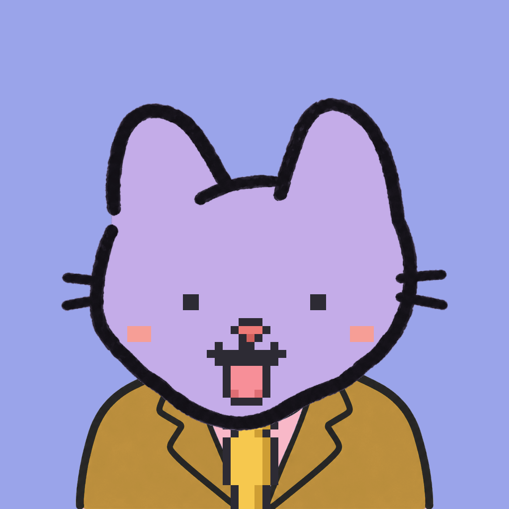 Employee #0809 — a lavender cat, in a mustard suit, with a gold tie, on periwinkle