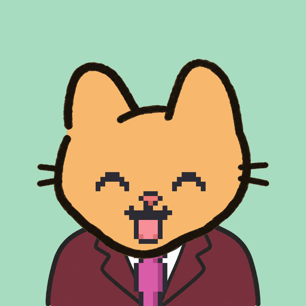 Employee #0081 — a tabby cat, in a burgundy suit, with a magenta tie, on mint