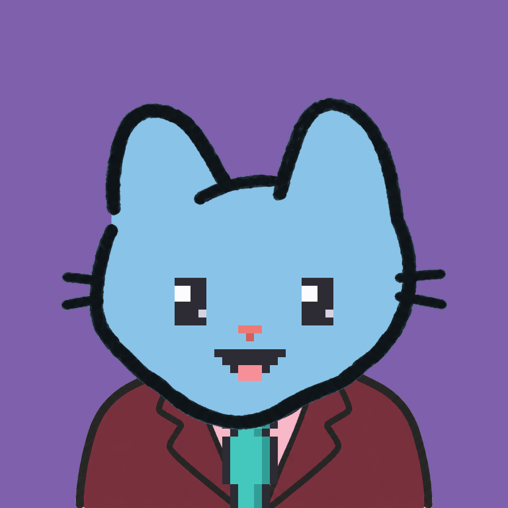 Employee #0810 — a sky cat, in a burgundy suit, with a teal tie, on plasma violet