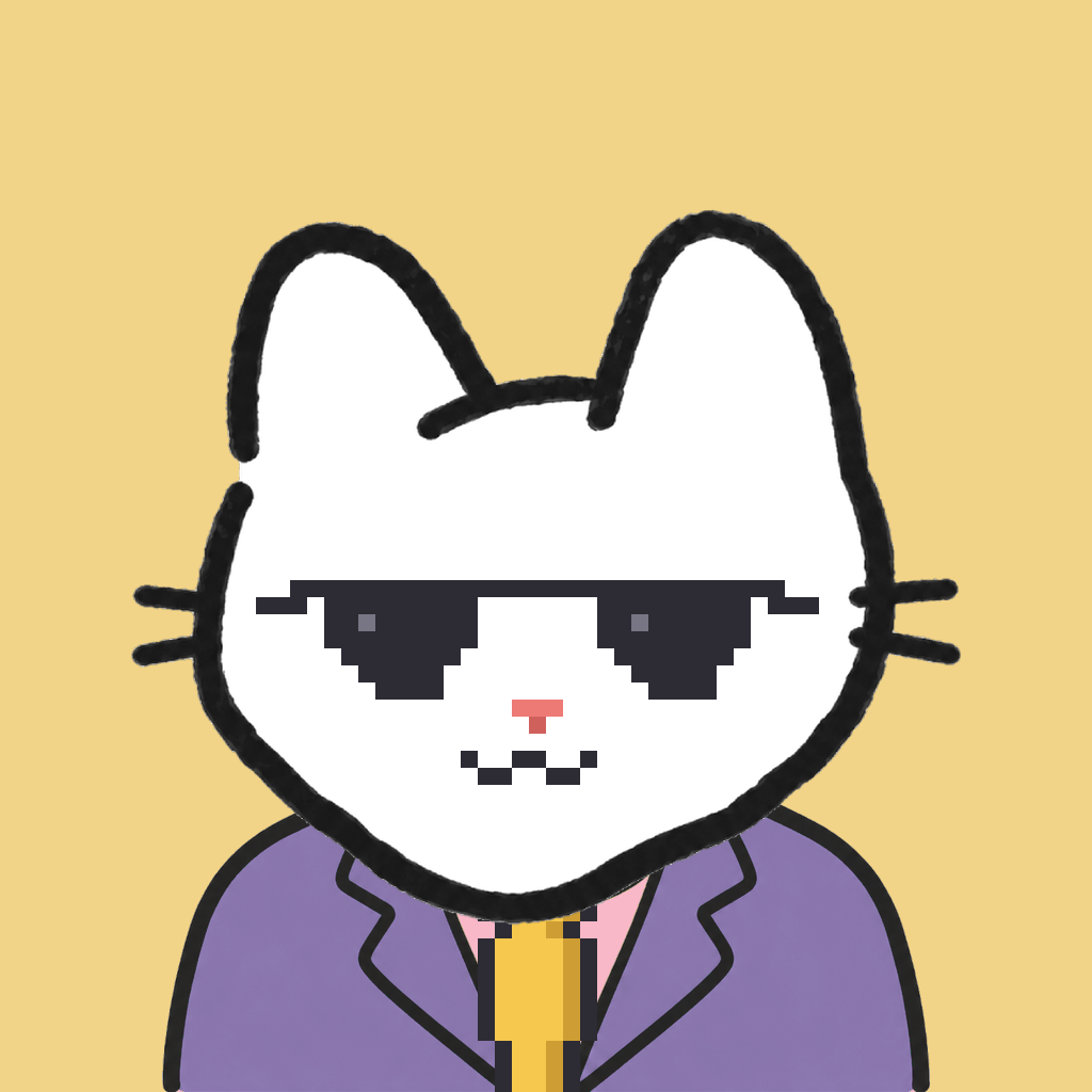 Employee #0811 — a white cat, in a lavender suit, with a gold tie, wearing shades glasses, on butter