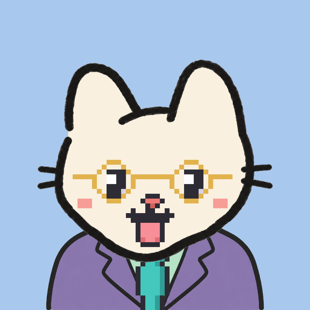 Employee #0812 — a cream cat, in a lavender suit, with a teal tie, wearing round-gold glasses, on sky
