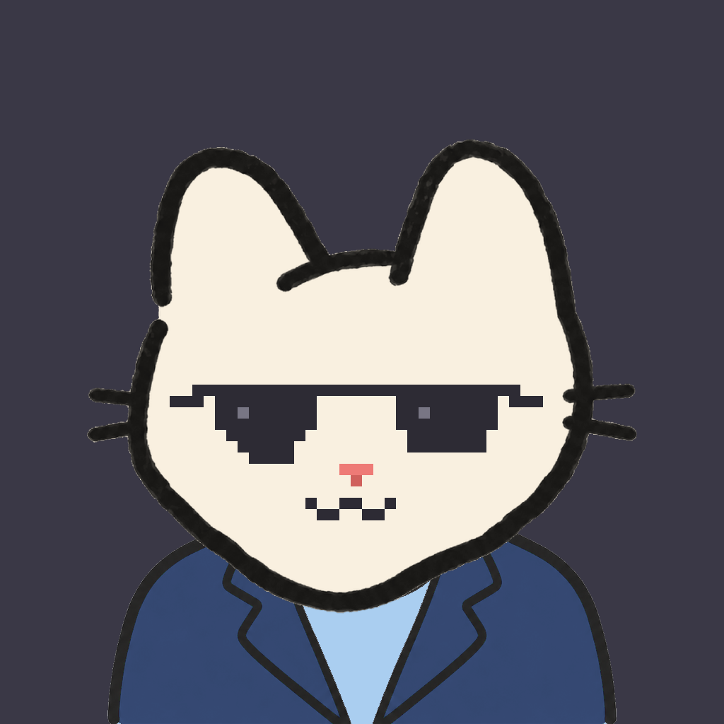 Employee #0813 — a cream cat, in a navy suit, wearing shades glasses, on charcoal
